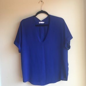 Lush Blue Short Roll Sleeve V-Neck Blouse